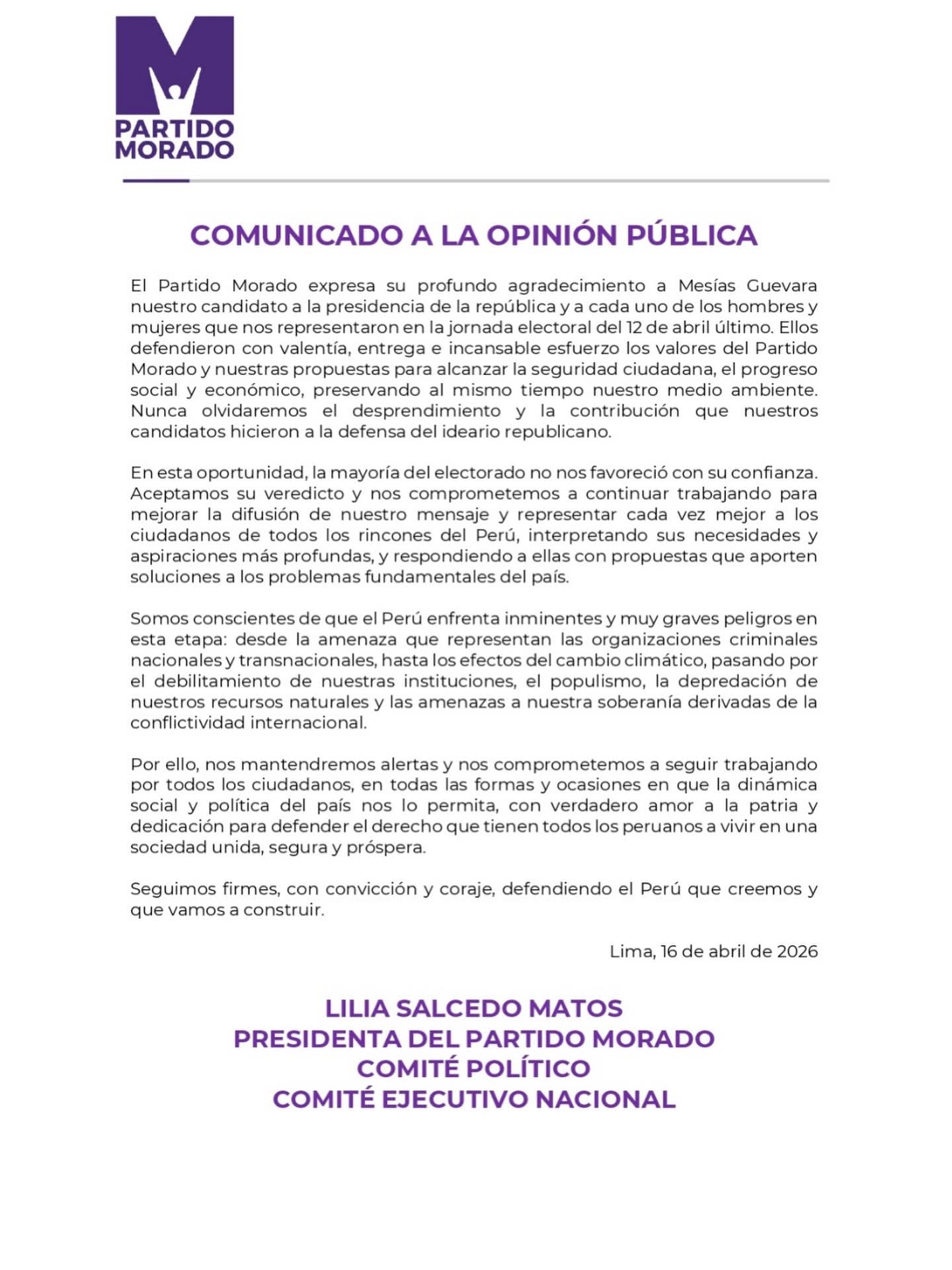 COMUNICADO A LA OPINIÓN PÚBLICA